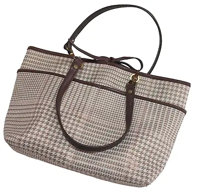 Lauren Ralph Lauren Tweed Houndstooth Small Tote Purse Handbag Brown Beige Pink • $15