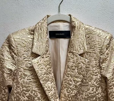 ZARA Jacquard Blazer Jacket Champagne Blush & Metallic Gold Womens Size XS • $39.98