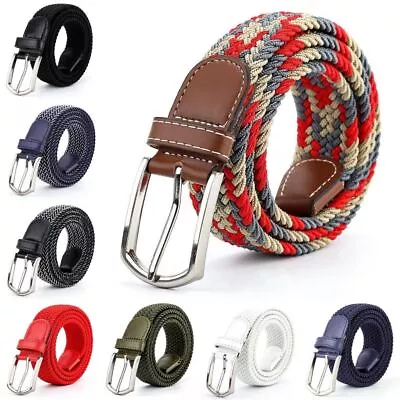 Men's Stretch Belts Ladies Elasticated Woven Braided Belt Waistband Metal Buckle • £7.59