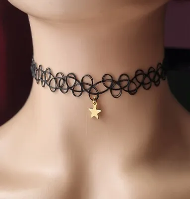 Tattoo Choker Stretch Black Necklace Retro 90s Vintage Stainless Steel Gold Star • £2.15