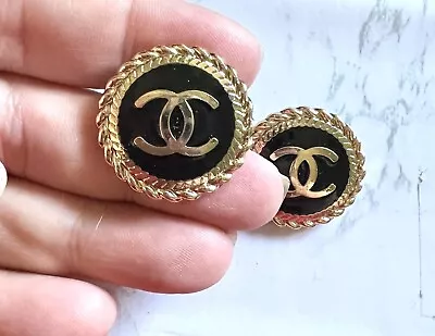 Chanel Vintage Stamped Gold Metal Black CC Logo Gold Buttons 25 Mm Lot Of 2 • $49