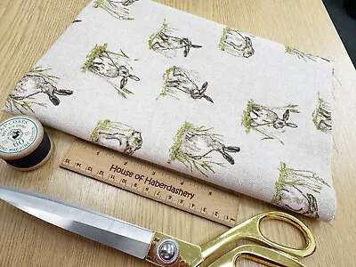 FABRIC REMNANT - Cute Hares Print Cotton Canvas Fabric - 0.5M Length • £7.99