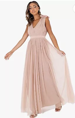 Maya Deluxe Women's Dress V Neck Bridesmaid Chiffon Empire Pink UK 14 RRP £85 • £16.49