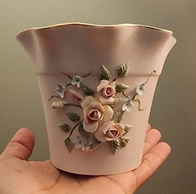 Vintage Lefton 3D Pink Vase Roses And Blue Forget-me-Not Hand Painted Cachepot • $15