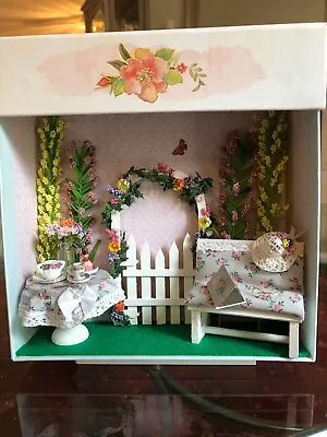 Cheerful Small Handcrafted MINIATURE GARDEN TEA Diorama 1:12 Scale • $28.50