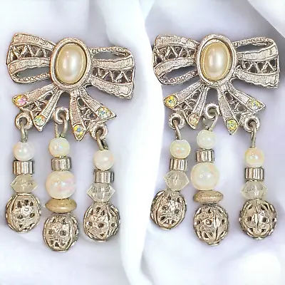 Vintage Pierced Earrings Silver Toned Bows Faux Pearls & Rhinestones Dangling • $6.99