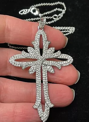 NADRI Crystal Cross Necklace Silver Tone Signed Jewelry • $15