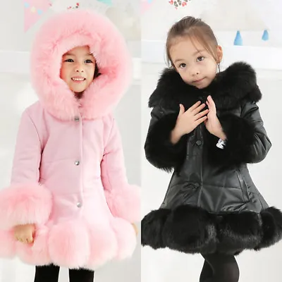 Girls Child Kids Quilted Winter Coat Jacket Puffer Fur Hooded Long Parka Coat • £31.88