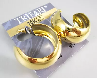 NOS Vintage 90s TRIFARI Chubby Gold Tone 1 1/4  Hoop Post Earrings 71o • $12.99