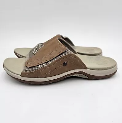 MERRELL Lilyfern Brown Leather Aluminum Comfort Sandals Slides- Womens Size US 8 • $29.99