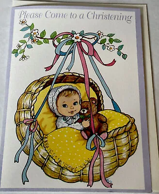 1 Vintage Baby Teddy Bear Yellow Bassinet Pink Christening Invite Art Print Card • $3.41