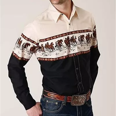 Mens Western Long Sleeve Shirts Casual Slim Button Down Dress Shirt Blouse Tops • $22.18