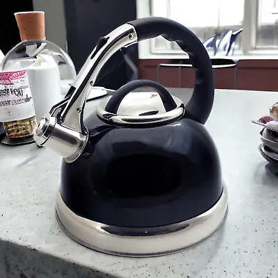 Whistling Kettle Black Stainless Steel Stovetop Gas Electric Induction Hobs 3.5L • £18.99