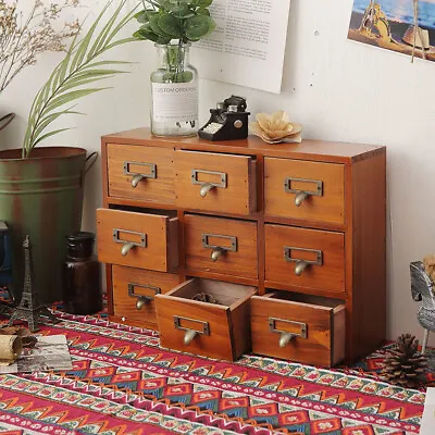 Rustic Wooden 9 Drawer Cupboard Drawers Shelf Desktop Small Cabinet Storage Box • £22.95