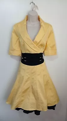 Karen Millen Yellow Satin Skater Dress 14 50s Retro Pin Up Grease Short Sleeve • £30