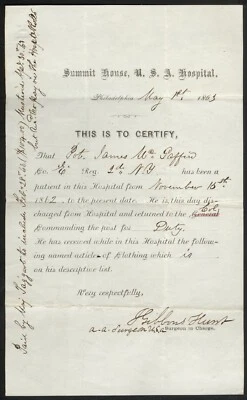 $195 • Buy Interesting 1863 Partly Printed Hospital Discharge – Philadelphia, Pennsylvania