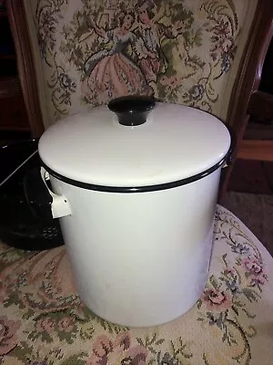 Vintage 8” Enamelware Pot With Lid White With Black Trim Frying Camping • $22.49