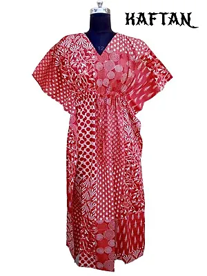 Indian Cotton Red Patchwork Print Kaftan Dress Women's Clothing Kaftan Dress AU • $33.75