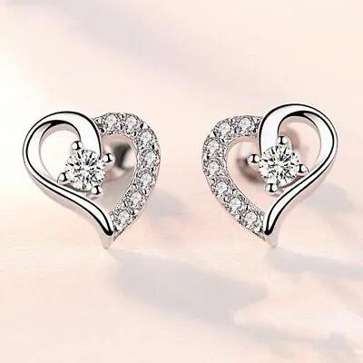 Crystal Heart Stud Earrings Women Girls 925 Sterling Silver Jewellery Gift UK • £3.49