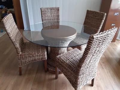 $650 • Buy Dining Table & Chairs 5 Pce Indoor Wicker Rattan Glass Table Top P/up Only
