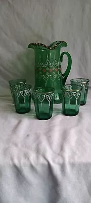Vtg. Pitcher Green Glass Pitcher And 5 Matching Glasses Hand Pained • $55