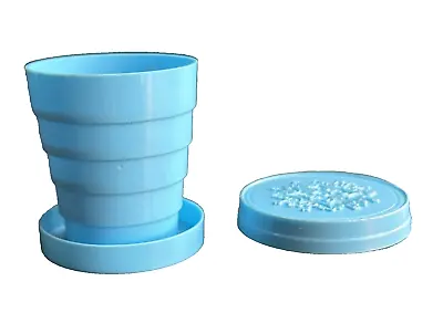 Vintage Blue Collapsable Travel Cup And Pill Box By Tuckaway Cups #672352 1969 • $8