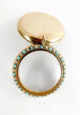 Antique VICTORIAN 9K Gold Keepsake Or Shaker LOCKET Turquoise & Seed Pearl Rim • £274.95