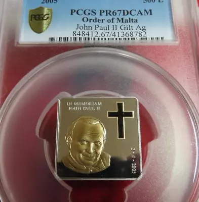 2005 PCGS PR69 Malta Christian .999 Gold Gilded Silver 10 Lira Pope John Paul • $635