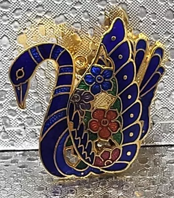 Vintage Cloisonne Swan Pendant Colbalt Blue & Multicolor Enamel Gold-tone Floral • $12