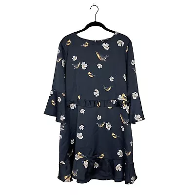 Zara Black Yellow Floral Bird Print Ruffled Frilly 3/4 Sleeve Mini Dress Size M • £17.36