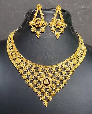 Gold Plated Indian Heavy 8'' Long Choker Necklace Earrings Wedding Set Ja866 • $32.74