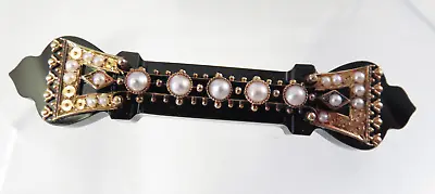 Large Victorian Mourning Bar Pin 14k Gold Black Onyx & Seedpearls • $295