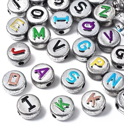 50 Letter Beads Alphabet Beads Silver Rainbow Bulk Beads Wholesale 7mm • $3.49