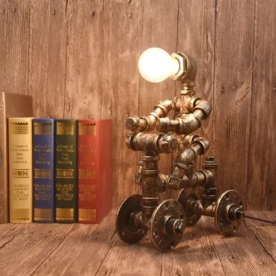 Industrial Water Pipe Riding Robot Table Lamp Steampunk Iron Tube Desk Light • $120