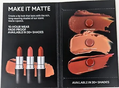MAC Matte Lipstick 3-Color Sample Card: Marrakesh Velvet Teddy Chili • $8.95