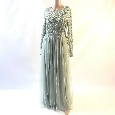 Maya Deluxe Maxi Tulle Dress Sequins Size 6 Mint Green Longsleeve Wedding Formal • $36.39