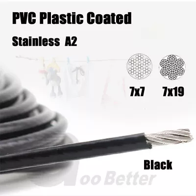 Wire Rope Black PVC Plastic Coated Stainless Steel A2 High Toughness 7x7 7x19 • £48.10