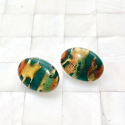 $5.99 • Buy Green Copper & Gold Tone Oval Resin Clip On Earrings The Vintage Strand Lot#9768