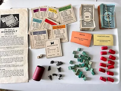 Vintage 1936 Monopoly Game Tokens Pieces Wood Hotels Dice Cards Instructions • $25