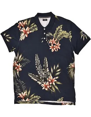 JACK & JONES Mens Polo Shirt 2XL Navy Blue Floral Cotton Hawaiian AY01 • £13.70