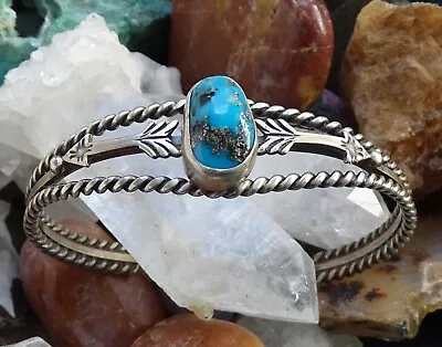 $175 • Buy Vintage Southwestern Morenci Turquoise Cuff Bracelet Rope Wire Arrows Sterling