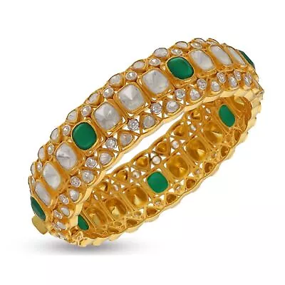 Womens 22k Gold Over 925 Silver Moissanite Polki Green Emerald Bangle Bracelet • $672.55