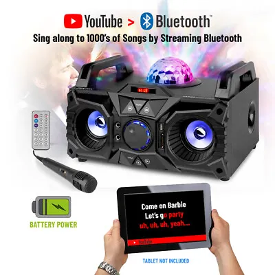 Karaoke Machine Party Speaker With Bluetooth Disco LED Lights And Microphone KAR • £36