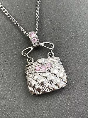 £29.25 • Buy Sterling Silver Necklace Handbag Purse Wish Stash Box  Pink Cubic Zirconia  16”