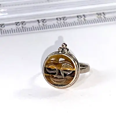 925 Sterling Silver Carved Tiger Eye Man In The Moon Ring Size 4.5 • $17