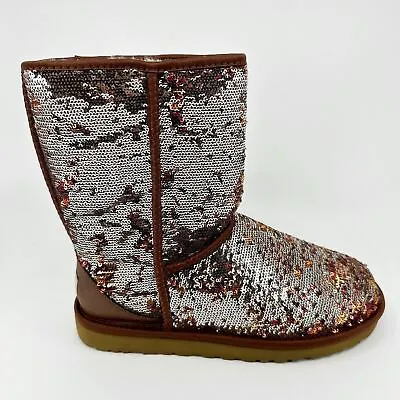 UGG Classic Short Sparkles Sequin Silver Brown Womens Boots 1002766W AUTM • $114.95