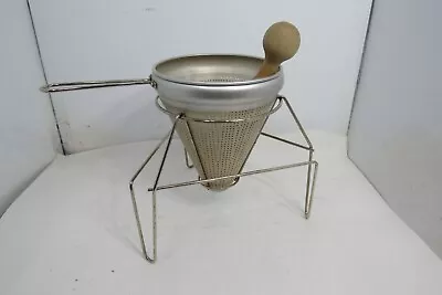 Antique Aluminum Cone Colander With Stand And Wood Pestle Masher Tomatoes Jelly • $29.95