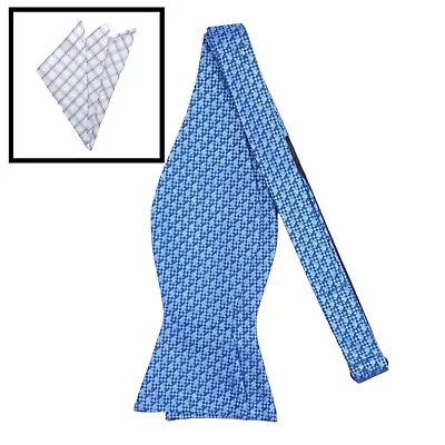 Mens BOW TIE SELF TIE 100% Silk Blue Micro Woven Adjustable Bowtie POCKET SQUARE • $12.87