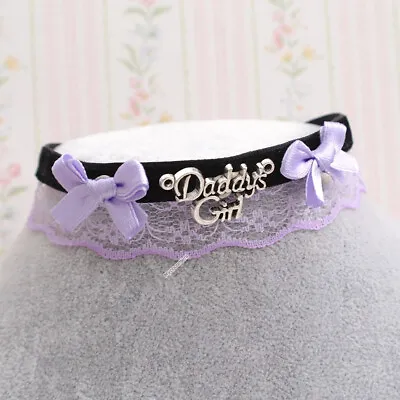 Daddys Girl Tag Black Velvet Choker Necklace Lilac Purple Lace Little Bow Ddlg • $19.77