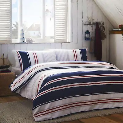 £14.39 • Buy Duvet Set Quilt Cover Nautical Stripe Red White Navy Blue Grey New England Style